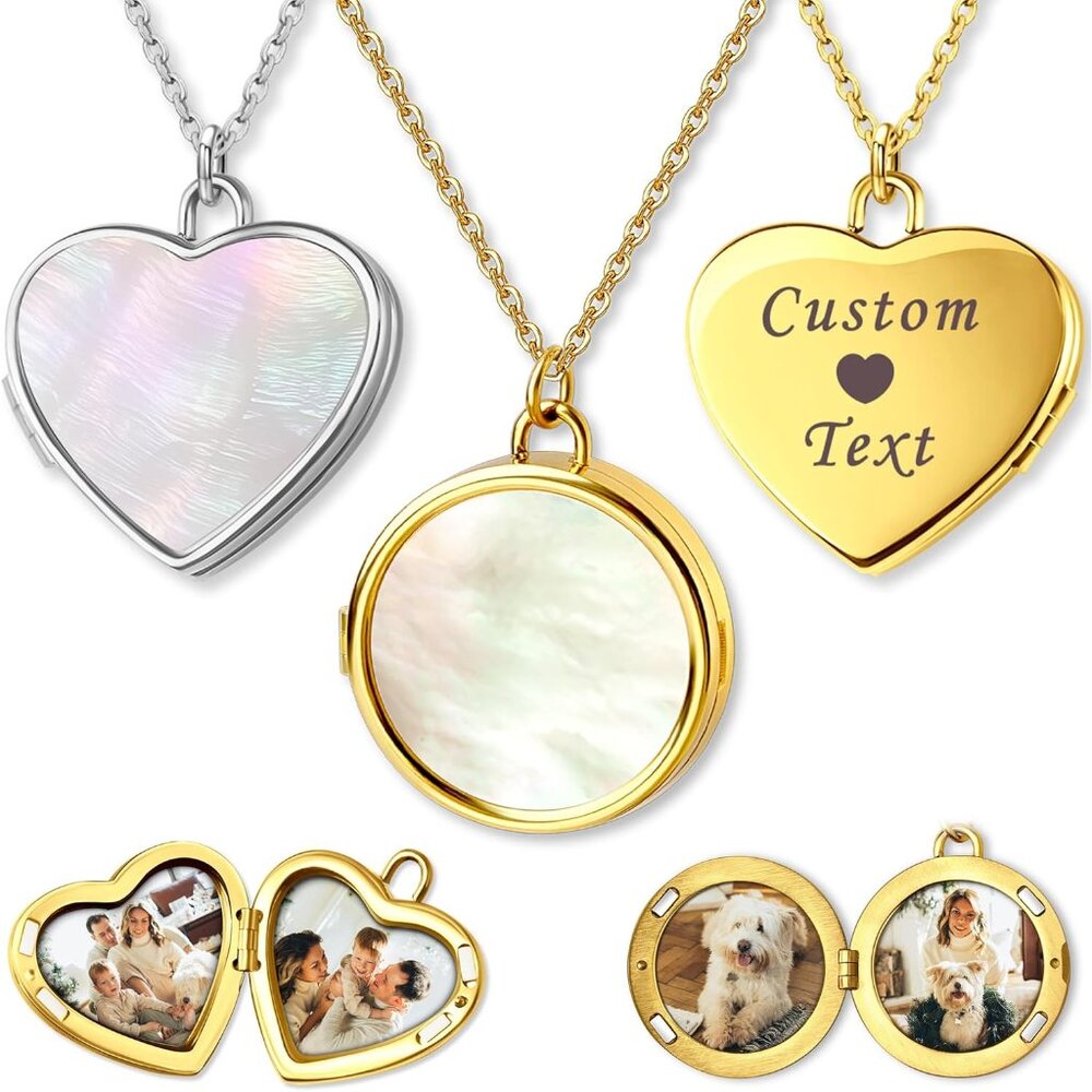 Personalized Photo Locket Necklace, Mother of Pearl Shell Handmade Custom Engrav